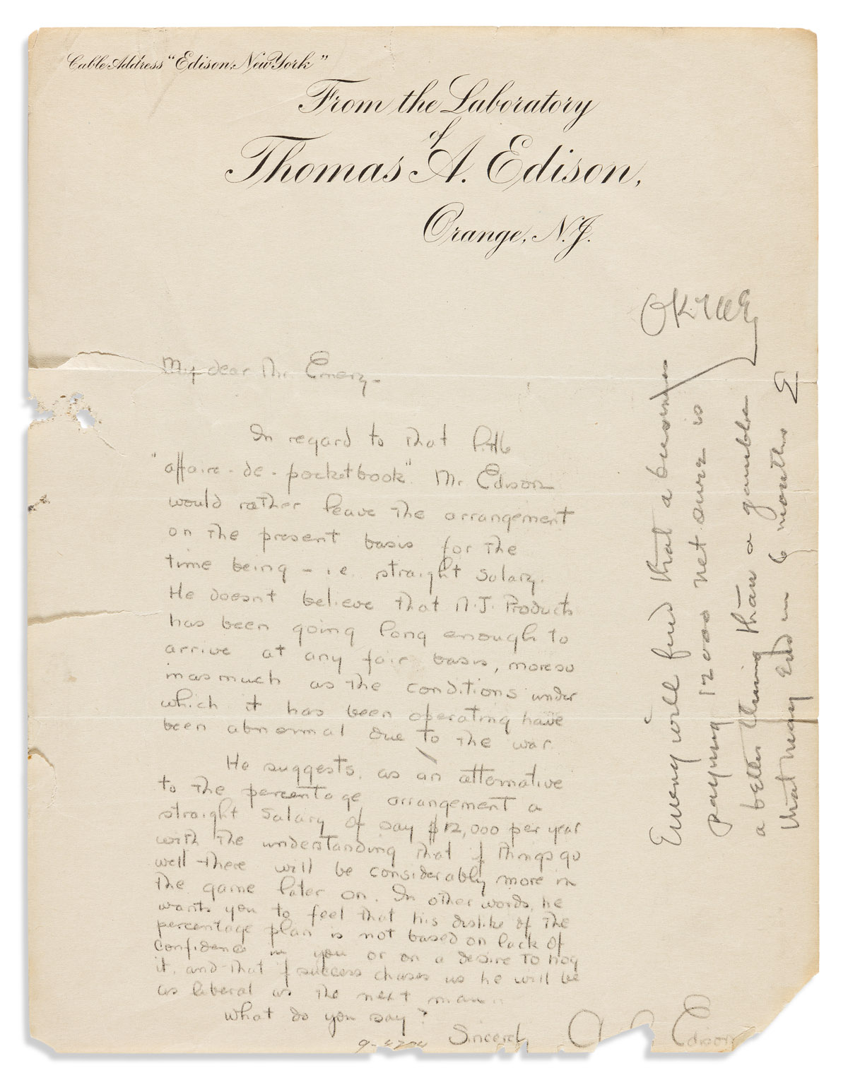 EDISON, THOMAS A. Two Autograph Notes Signed, to unnamed recipient or Edisons wife Mina, in pencil.